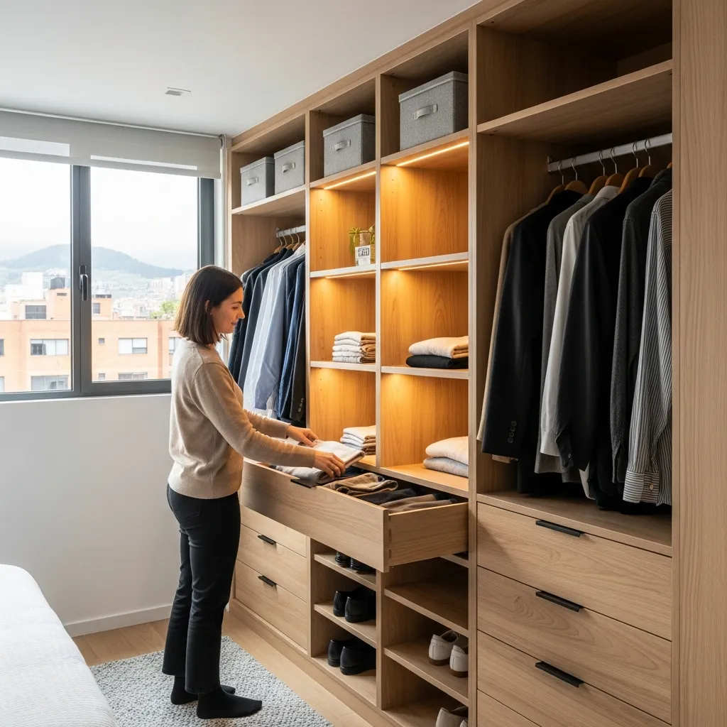 Closet a medida y personalizado en Bogotá, diseñado para optimizar espacios difíciles con acabados de alta gama y madera clara.
