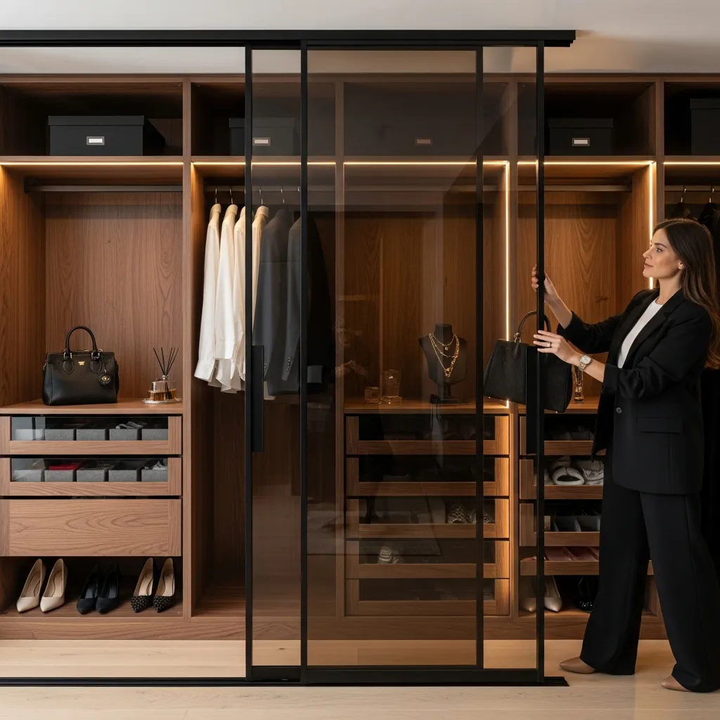 Closet de lujo a medida en Bogotá con puertas de vidrio templado, iluminación LED integrada y acabados premium de Arther Muebles.