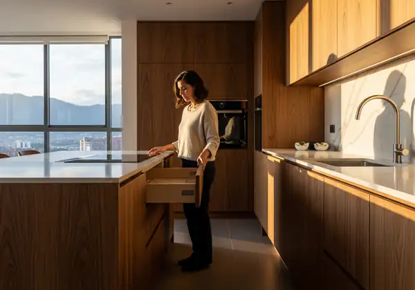 Cocina a medida en Bogotá con diseño personalizado de alta gama, mostrando acabados perfectos y ergonomía adaptada al usuario.