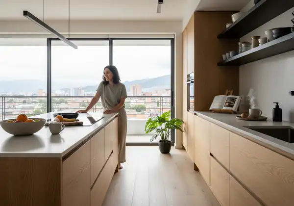 Cocina a medida de alta gama en Bogotá con diseño personalizado, mesón de piedra sinterizada y gabinetes de roble natural sin manijas.