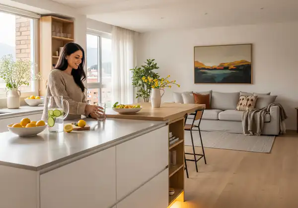 Cocina abierta integrada a la sala en un apartamento moderno de Bogotá, destacando la amplitud, luz natural y acabados de alta gama de Arther.