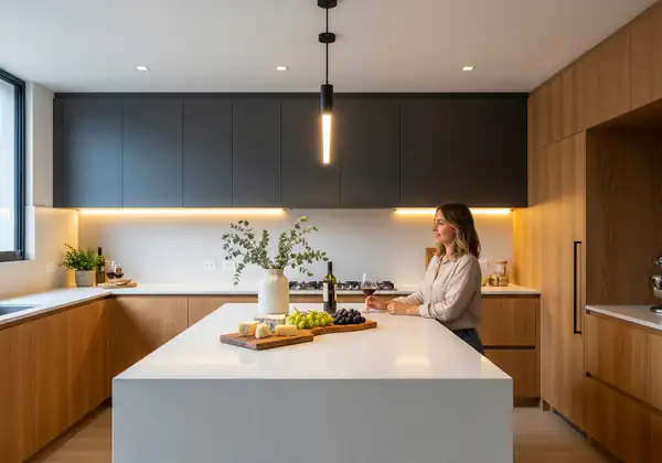 Detalle de transición en cocina de concepto abierto en Bogotá, mostrando una isla de cocina de alta gama que conecta con la sala de estar.