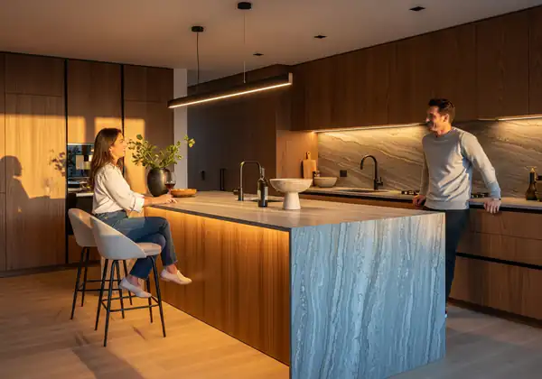 Cocina moderna con isla en Bogotá diseñada como centro social, integrando barra de desayuno de cuarzo y gabinetes de madera de alta gama.
