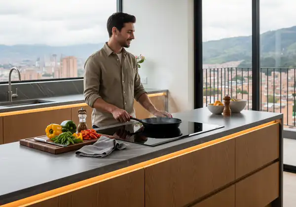 Diseño de cocinas con isla en Bogotá: isla de trabajo moderna con estufa empotrada y mesón de piedra sinterizada de alta gama.