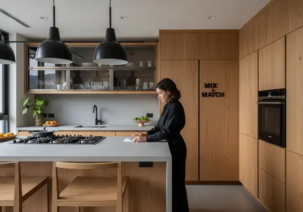 Detalle de cocina de diseño de autor en Bogotá con mezcla de piedra sinterizada, madera de roble y estanterías abiertas de estilo industrial.