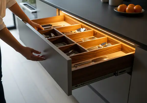 Detalle de cajón iluminado con luces LED y organizadores de madera en una cocina de lujo en Bogotá, destacando la herrería premium.
