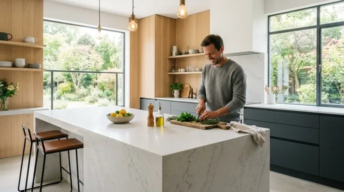 Cocina integral moderna con isla central para preparación y barra social en Bogotá