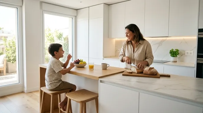 Familia disfrutando de una cocina integral moderna y luminosa en Bogotá