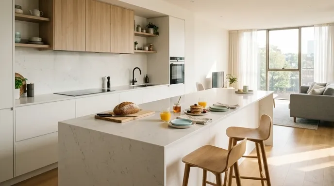 Cocina integral moderna de diseño minimalista con isla y acabados en madera clara en Bogotá