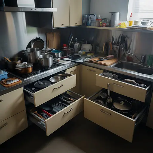 Cocina desordenada con cajones trabados y falta de espacio
