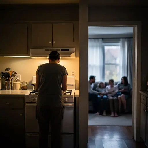 Persona cocinando aislada de la familia en cocina cerrada
