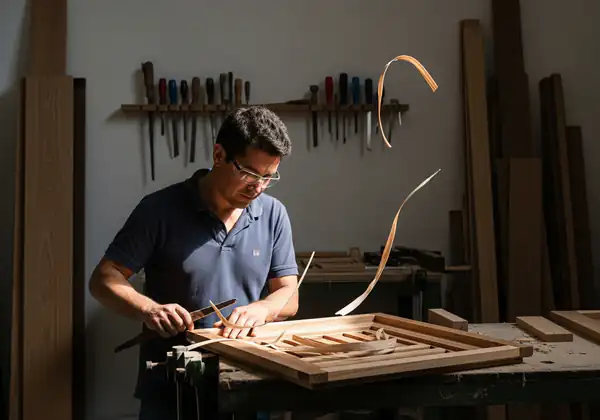 Carpintero artesano detallando un mueble de madera de nogal en la fábrica de Arther Muebles en Bogotá, sin intermediarios.