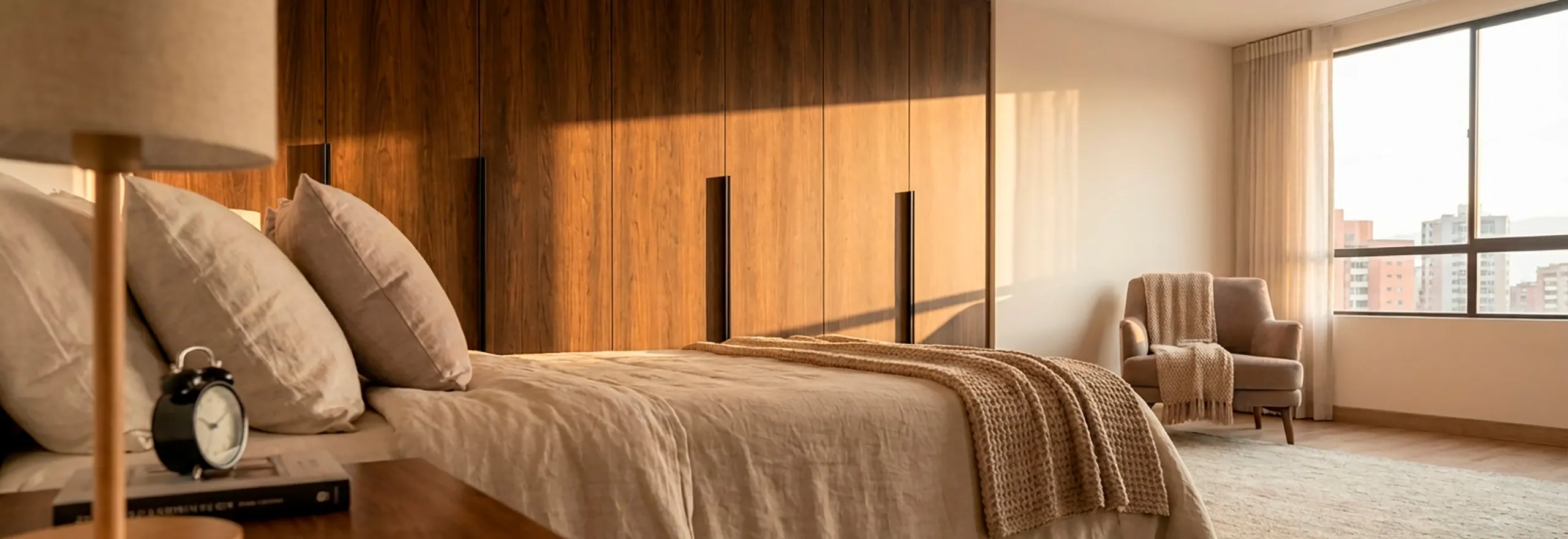 Elegante y amplio closet a medida en madera cálida, iluminado por el sol matutino y con vista a Bogotá, diseñado para un despertar ordenado y lleno de paz.