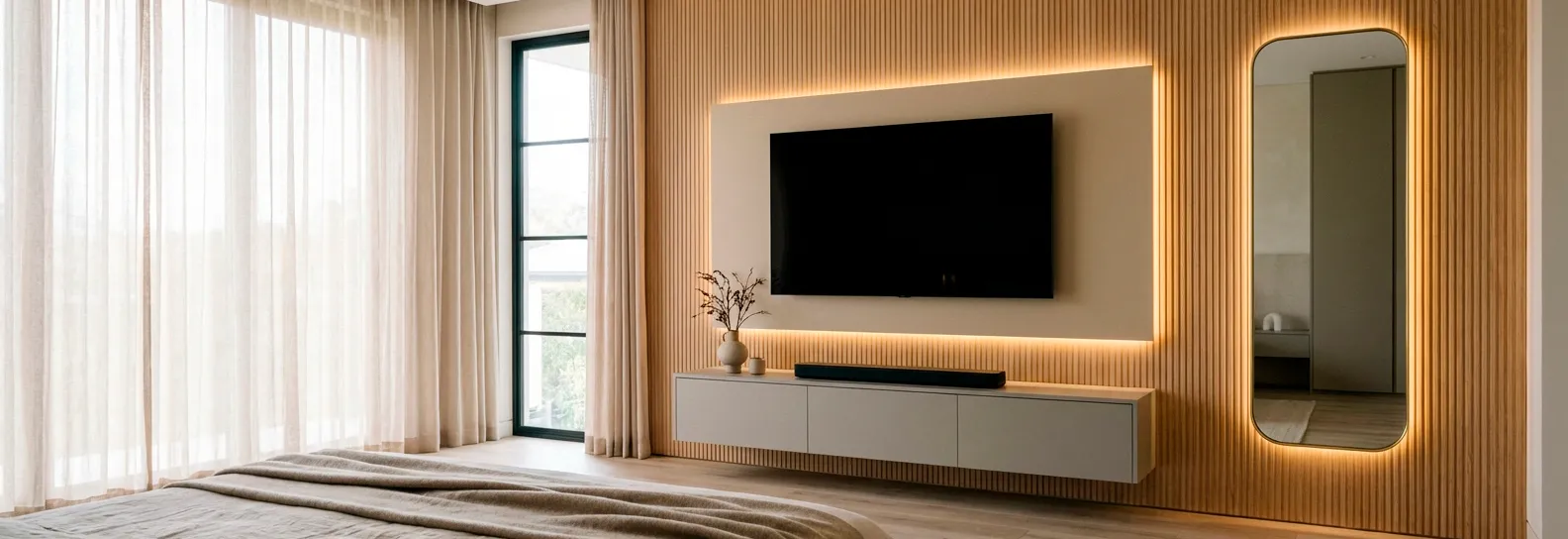 Mueble de TV para alcoba con panel texturizado WPC, consola flotante inferior y espejo decorativo iluminado, diseñado para el descanso y el orden