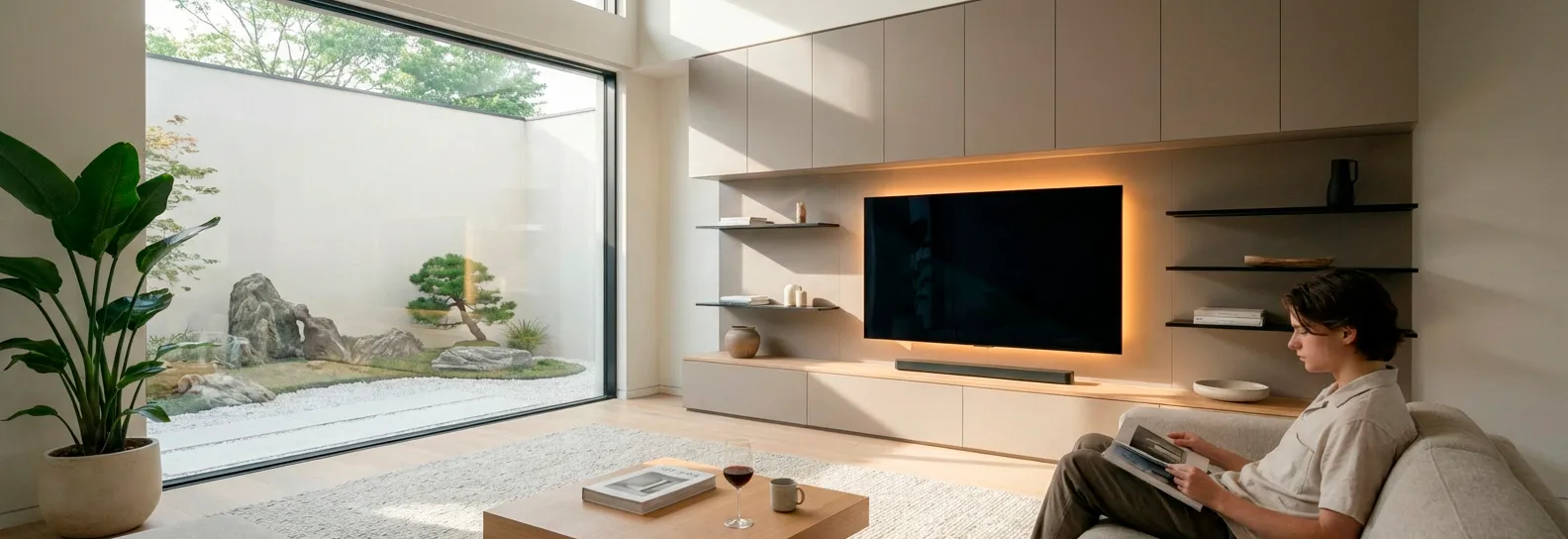 Centro de entretenimiento moderno color beige con panel de TV iluminado, repisas flotantes y módulos superiores, instalado en una sala minimalista en Bogotá