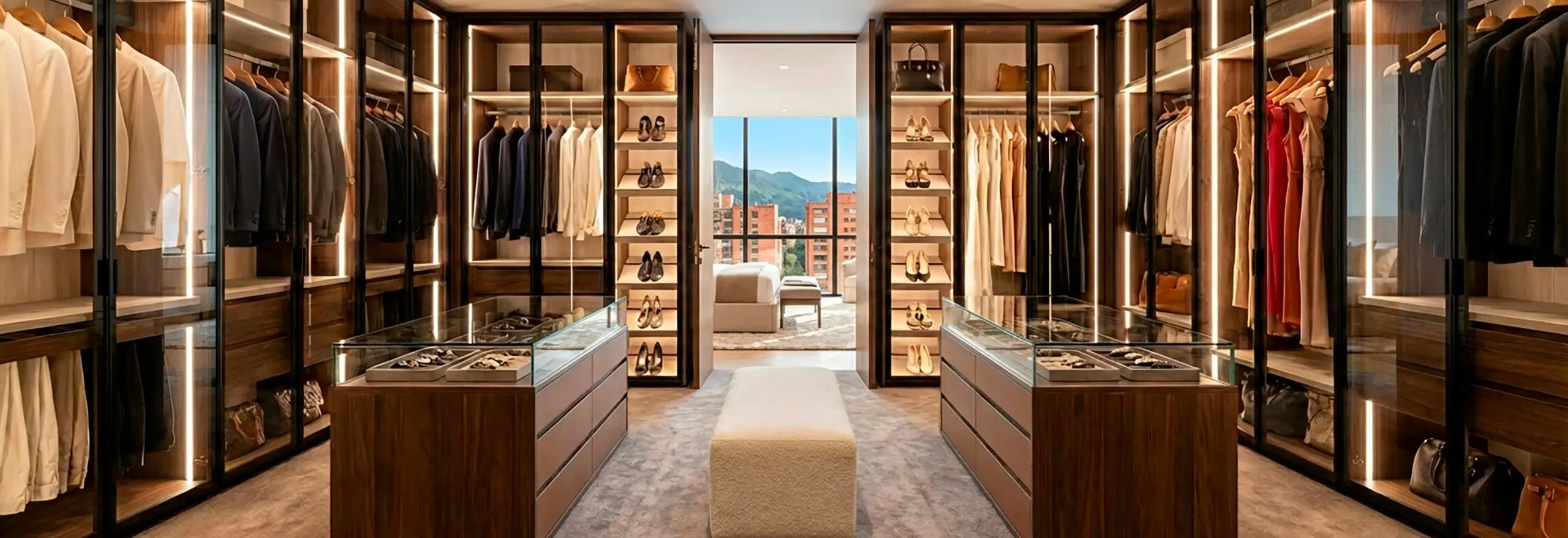 Vestidor de lujo con iluminación LED escenográfica, puertas de vidrio templado y acabados en madera fina con vista panorámica a Bogotá