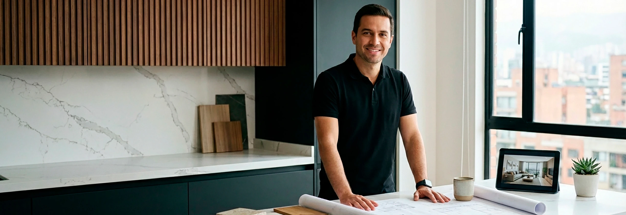 Diseñador de interiores de Arther Muebles en Bogotá revisando planos de una cocina integral moderna con muestras de materiales premium.