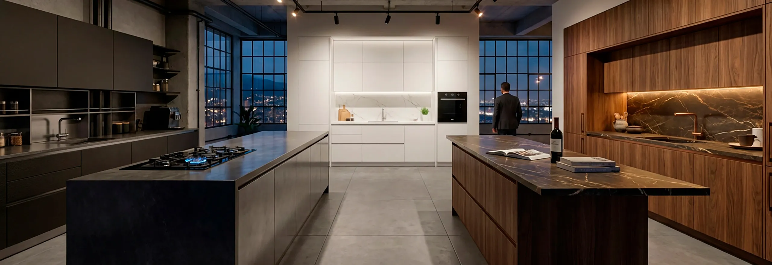 Elegante cocina integral de diseño moderno tipo loft con vistas a la ciudad nocturna, ofreciendo un ambiente sofisticado ideal para disfrutar de un estilo de vida exclusivo y organizado.