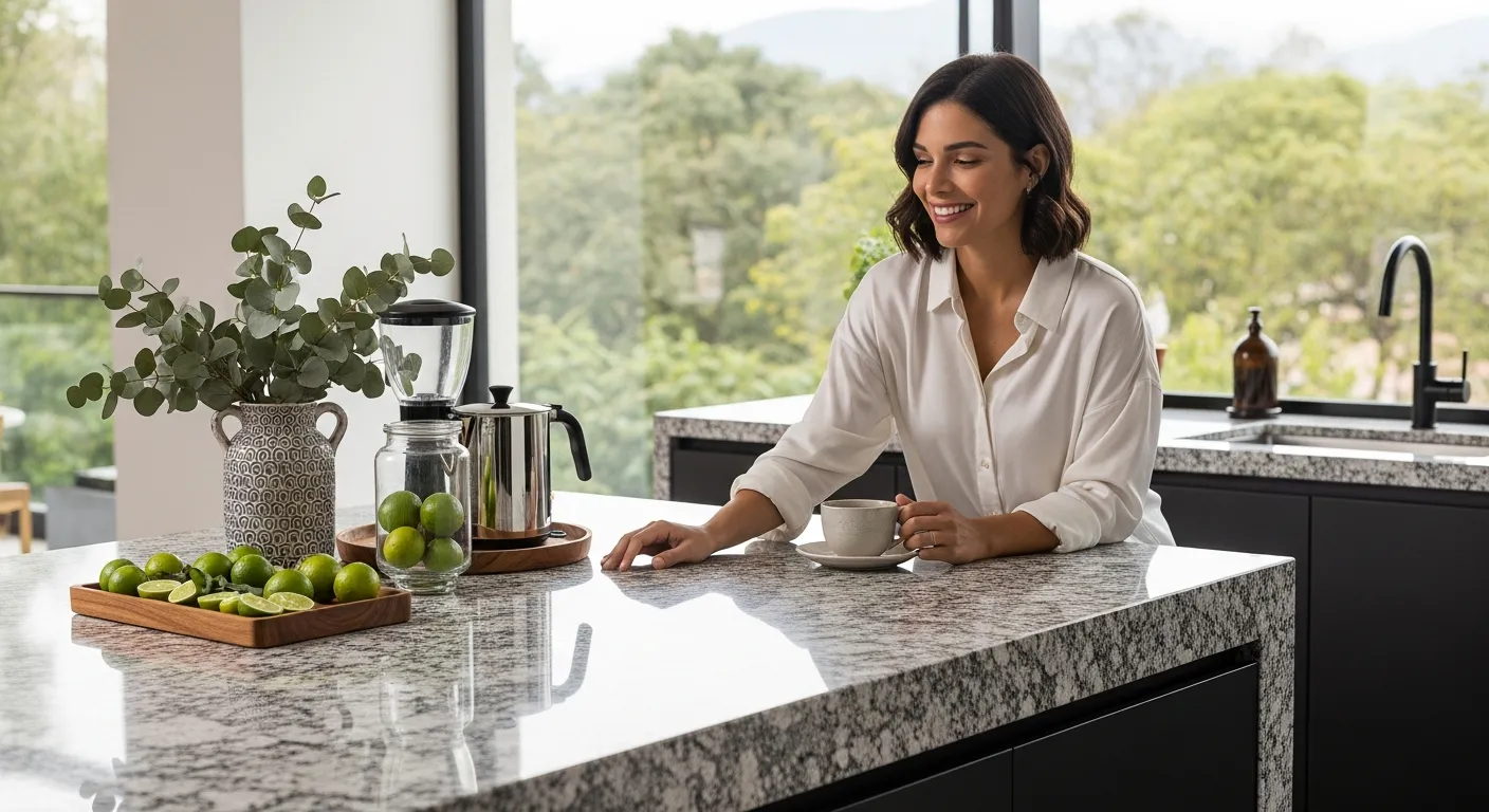 Mujer sonriente disfrutando de un café en una cocina moderna con un mesón de granito impecable, reflejando tranquilidad y elegancia