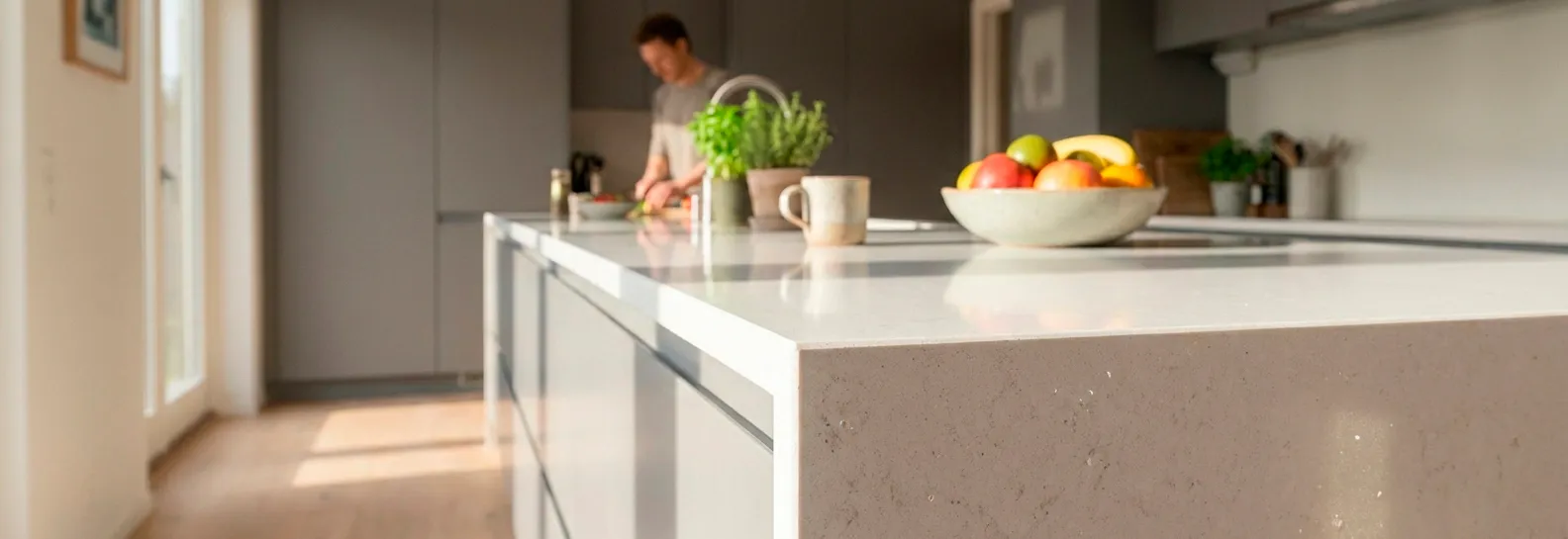 Hermosa isla de cocina moderna con mesón de quarztone blanco impoluto, bañada por luz natural, mientras un hombre cocina felizmente en el fondo, demostrando un hogar activo y sin preocupaciones.
