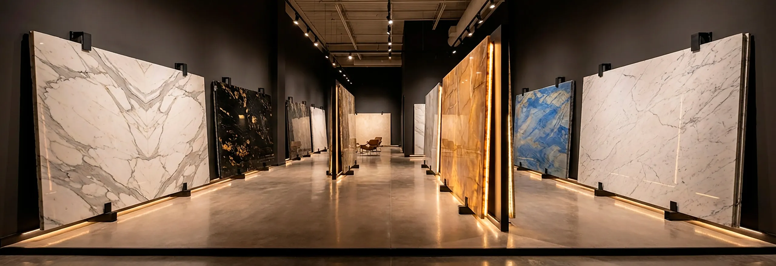 Galería de láminas de mármol, granito y piedras tecnológicas de gran formato en un showroom de lujo, listas para ser transformadas en mesones premium