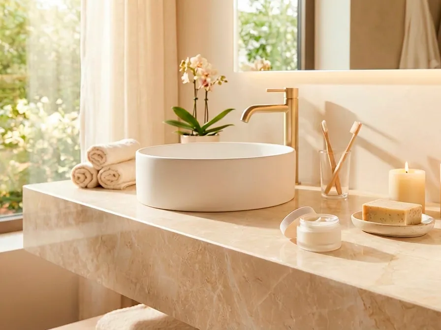 Detalle de un lujoso mesón de mármol crema en un baño iluminado por el sol, con lavamanos de sobreponer, grifería dorada y accesorios de spa que invitan al descanso.