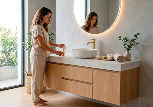 Mujer descalza y relajada disfrutando de su rutina de cuidado de piel frente a un espectacular mueble de baño flotante en madera con un grueso mesón de mármol blanco y espejo retroiluminado.